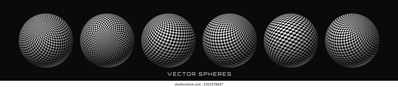 Abstract Graphic Design 3D Spheres with Checkered Texture. Chess Balls. Trendy Y2K Geometric Shapes Set. Brutalist Design Elements. Vector Illustration.