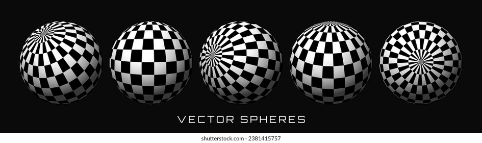Abstract Graphic Design 3D Spheres with Checkered Texture. Chess Balls. Trendy Y2K Geometric Shapes Set. Brutalist Design Elements. Vector Illustration.
