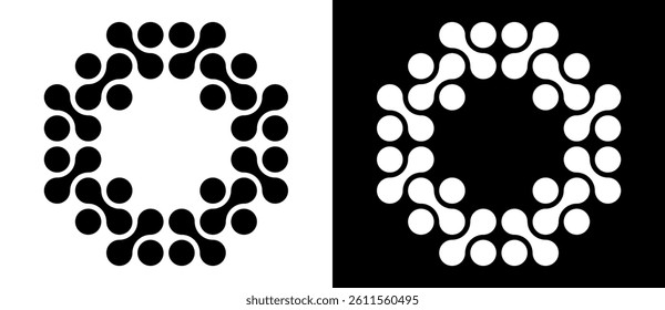 Abstract graphic design with dots like letter O. Technology logo, icon or symbol, molecule concept. Black shape on a white background and the same white shape on the black side.