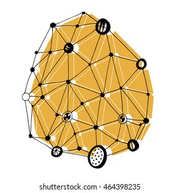 Abstract graphic design element with connected line and dots, molecule and communication hand drawn vector illustration
