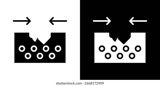 Abstract graphic design element featuring a block with an uneven top, small circles, and arrows indicating movement. Available in black and white.