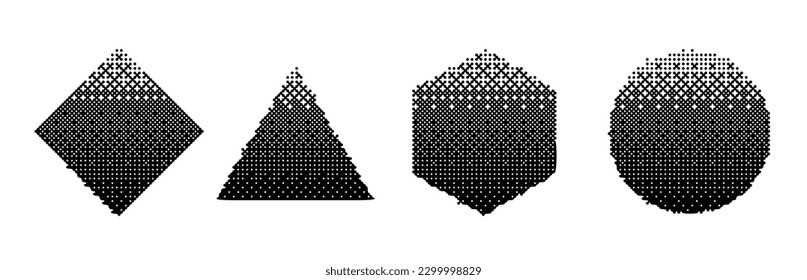 Abstract Graphic Design Elements Set. Trendy Shapes Circle, Square, Hexagon, Triangle with Bitmap Raster Dithering Effect. Y2K Geometric Shapes. Brutalist Design. Vector Dither Gradient Effect.