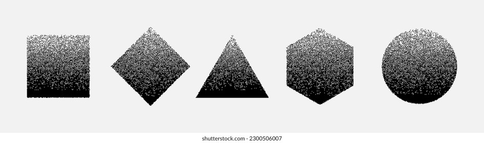Abstract Graphic Design Elements Set. Trendy Shapes Circle, Square, Hexagon, Triangle with Bitmap Raster Dithering Effect. Y2K Geometric Shapes. Brutalist Design. Vector Dither Gradient Effect.