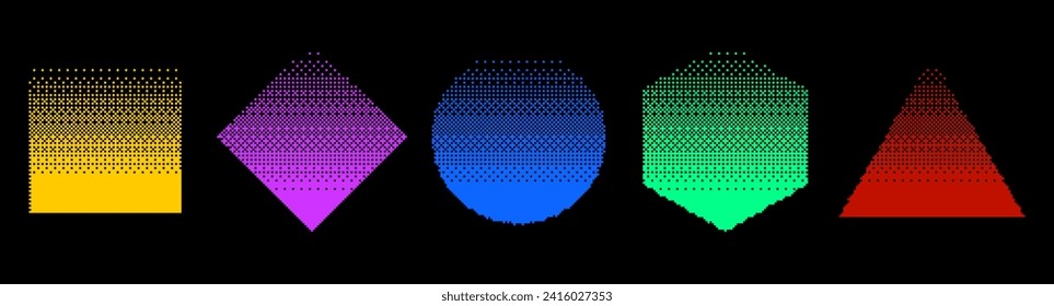 Abstract Graphic Design Elements Set. Trendy Shapes Circle, Square, Hexagon, Triangle with Bitmap Raster Dithering Effect. Y2K Geometric Shapes. Brutalist Design. Vector Dither Gradient Effect.
