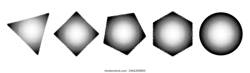 Abstract Graphic Design Elements Set. Trendy Shapes Circle, Square, Hexagon, Triangle with Bitmap Raster Dithering Effect. Y2K Geometric Shapes. Brutalist Design. Vector Dither Gradient Effect.