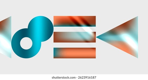 Abstract graphic design features circular element, rectangular bars, arrow shapes. Colors include turquoise, orange, silver, white. Minimalist composition.