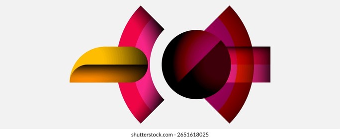 Abstract graphic design features curved shapes, vibrant colors. Red, yellow, burgundy elements create dynamic composition. Minimalist style.
