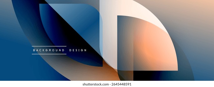 Abstract graphic design features flowing shapes, gradients. Blue, orange hues dominate composition. Minimal text present. Modern aesthetic.