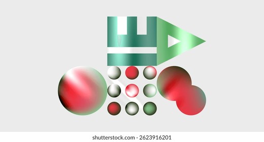 El Diseño gráfico Abstractas presenta Formas geométricas, esferas rojas, rectángulos verdes. Composición minimalista con Gradientes sutiles, estética limpia.