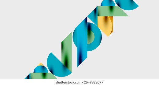Abstract graphic design features layered, colorful shapes forming diagonal composition. Blue, green, yellow hues dominate minimalist background.