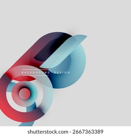 El Diseño gráfico Abstractas presenta círculos en capas, Formas que fluyen. Colores mezclados, azules, púrpura sobre fondo gris claro. Estética minimalista.