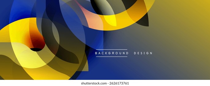 Abstract graphic design features overlapping rounded shapes. Colors include yellow, blue, brown, orange gradients. Modern aesthetic.