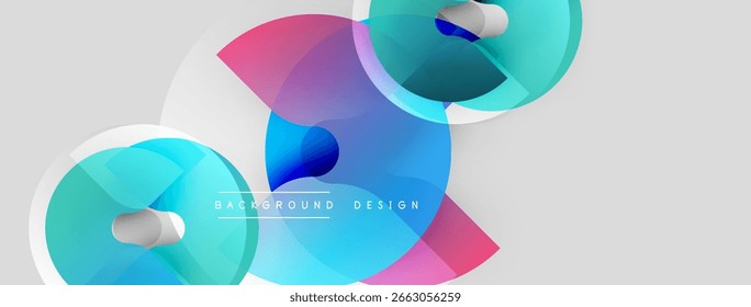 Abstract graphic design features overlapping circles, vibrant colors, smooth gradients. Modern aesthetic, clean lines, dynamic composition.