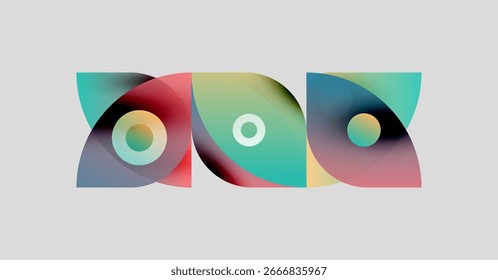 Abstract graphic design features overlapping colorful shapes, circles, gradients. Modern aesthetic, vibrant hues create dynamic composition.