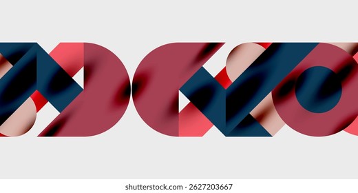 Abstract graphic design features repeating ribbon shapes. Red, navy, pale pink colors dominate white background. Modern, minimalist aesthetic.