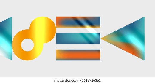 Abstract graphic design features vibrant shapes. Orange circle, blue rectangles, arrow suggest movement, playfulness. Gradient colors create modern aesthetic.
