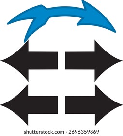 Projeto gráfico abstrato com um retângulo branco central rodeado por quatro setas pretas e duas setas azuis formando um movimento circular.