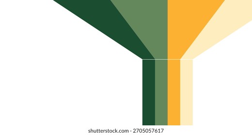 Un Diseño gráfico abstracto con rayas convergentes en una paleta de colores retro de verde, amarillo y crema sobre un fondo blanco limpio, creando una sensación de perspectiva.
