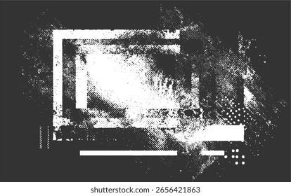 Abstract graphic design featuring distressed geometric shapes and textured patterns in black and white.
