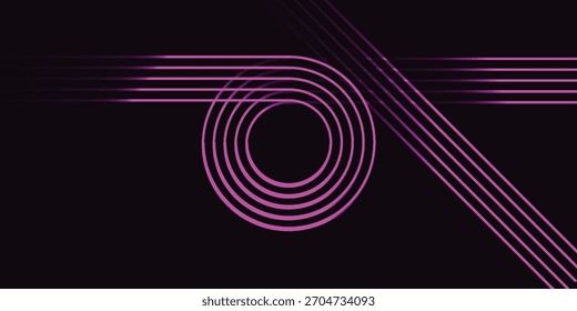 An abstract graphic design featuring glowing purple lines against a dark background. The lines form concentric circles and intersect with straight horizontal and diagonal paths.