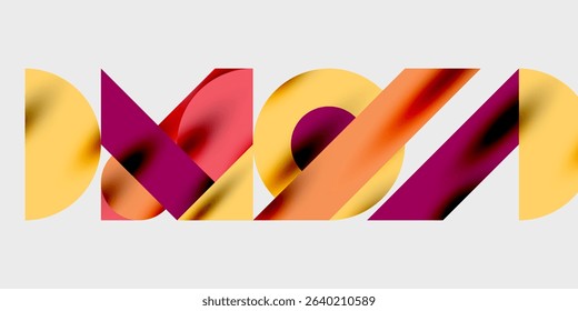 Abstract graphic design featuring overlapping colorful shapes forming text. Warm tones dominate composition, creating dynamic visual impact.