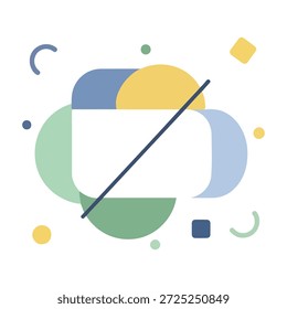 Un Diseño gráfico abstracto con Formas geométricas superpuestas en colores pastel suaves. Un rectángulo blanco central con esquinas redondeadas está intersectado por una línea diagonal oscura. Alrededor del rectángulo hay Formas curvas que se asemejan a arcos y semicírculos en azul claro, amarillo y verde. Pequeños Elementos como círculos y un cuadrado están esparcidos alrededor, creando una estética juguetona y moderna.