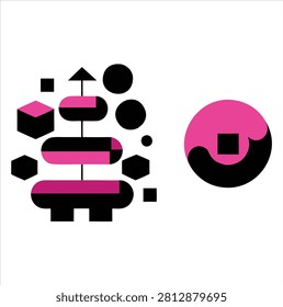 Abstract graphic design featuring pink and black geometric shapes arranged creatively