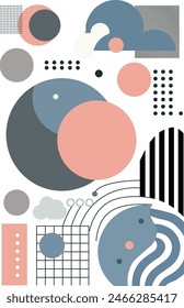 An abstract graphic design featuring stylized leaf-like shapes in pink and blue, set against a structured grid background with scattered circular elements. 