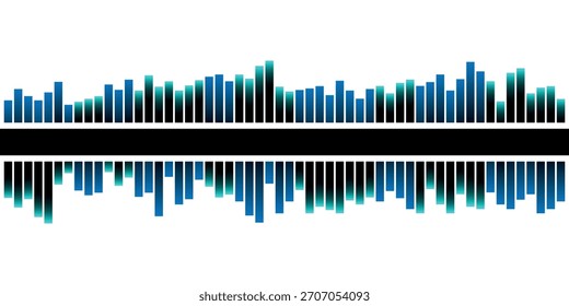 Ein abstraktes Grafikdesign mit symmetrischer Schallwelle oder Audio-Entzerrer. Vertikale blaue und blaue Balken werden über ein zentrales schwarzes horizontales Band auf weißem Hintergrund reflektiert.