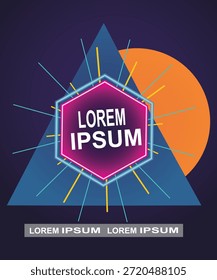 Ein abstraktes Grafikdesign mit einer lebendigen Komposition geometrischer Formen. Ein markantes leuchtendes neonrosa und violettes Sechseck, umrandet mit hellblauem Hintergrund, sitzt zentral und zeigt 'LOREM IPSUM' in fett weißem Text. Dieses Sechseck ist gegen ein großes blaues Dreieck gesetzt und teilweise durch einen leuchtend orangefarbenen Halbkreis verdeckt. Dünne hellblaue und gelbe Linien strahlen hinter dem Sechseck nach außen und verleihen ihm ein Gefühl von Energie und Dynamik. Der Hintergrund ist dunkel, tiefblau. Unten ist ein graues rechteckiges Banner mit wiederholtem 'LOREM IPSUM'-Text. Dieses Design erinnert an eine moderne, energetische und digitale Ästhetik, die sich für Poster, Banner oder Webelemente eignet.