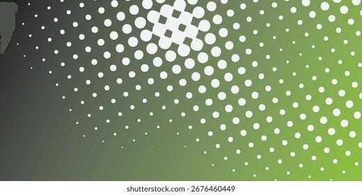 An abstract graphic design featuring a white halftone dot pattern on a smooth gradient background, transitioning from dark grey to vibrant lime green.
