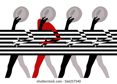Abstract graphic design of girls (models) in hats and gloves with a striped background, fashion art, white red black, color vector print