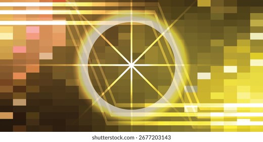 Abstract graphic design with glowing lines and circles, set against a background of pixelated squares in warm gold and brown tones.