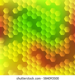Abstract graphic design with hexagon overlay on gradient green, red and yellow background. Modern saturated polygon vector pattern for cover layout, banner, poster, presentation, ecological project. 