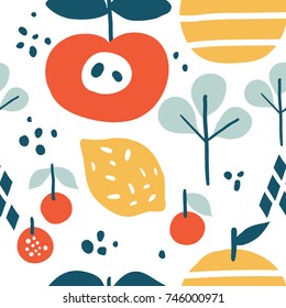 Abstract graphic design with lemon, apple and cherry. Trendy creative seamless pattern with hand drawn fruits, berries and leaves. For modern and original textile, wrapping paper, wall art 