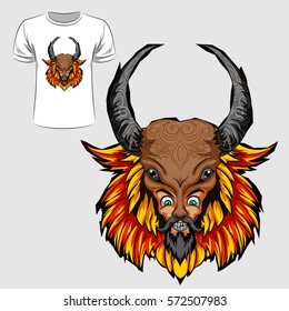 Abstract graphic design of man wearing bison mask for t-shirt or banner print. Vector illustration