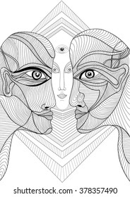 Abstract graphic design with man and woman looking at each other. Can use for posters cards, stickers, illustrations, as decorative element.