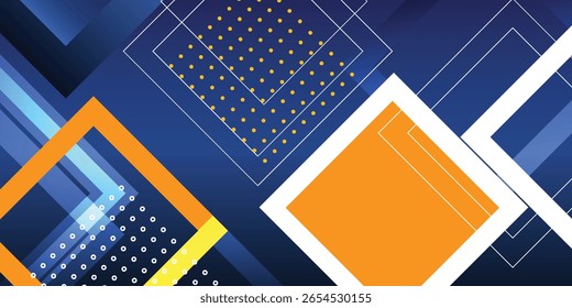 Abstract graphic design with overlapping squares and lines in shades of blue, orange, and white.  Geometric shapes create a dynamic visual effect.