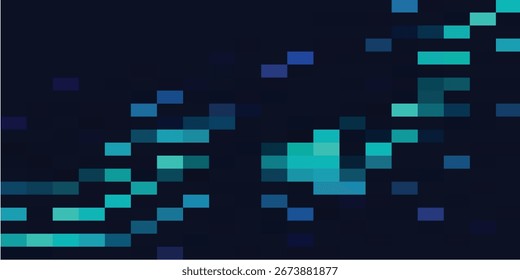 Abstract graphic design with pixelated teal and blue shapes on a dark background.