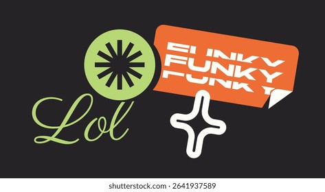 Abstract graphic design with playful Lol and Funky text, bold shapes, and vibrant colors on a black background. Concept of modern expressive typography. Vector illustration