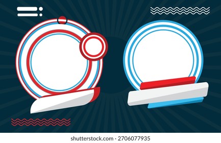 Design gráfico abstrato com círculos vermelhos, azuis e brancos e linhas onduladas em um fundo azul escuro com linhas radiantes.