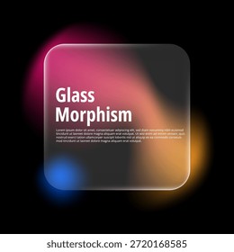 Abstraktes Grafikdesign, das den modernen digitalen Schnittstellentrend Glasmorphismus mit bunten Neonleuchtern auf dunklem Hintergrund zeigt