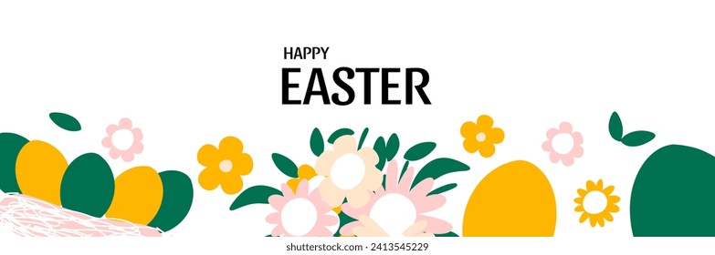 Abstract graphic design template with eggs and flowers. Holiday banner, layout. Spring background. 