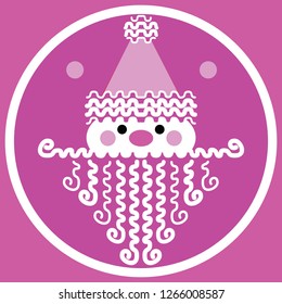 Abstract graphic designed Santa with a party motif. Light and dark pink background. White silhouette face with curly-que beard and cap trim.