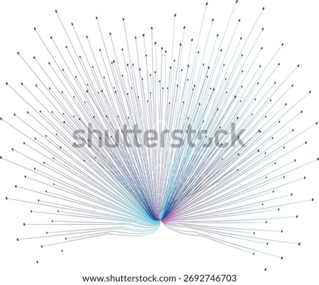 An abstract graphic displays a radial network of thin, colored lines originating from a central point and spreading outwards. The lines transition in color from deep purple on the left to bright 