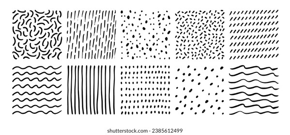 Resumen de patrones de doodle gráficos y texturas infantiles. Líneas, curvas y puntos de carbón vegetal dibujados a mano. Scribar texturas vectoriales. Dibujar trazos aleatorios, varios patrones. Estilo infantil Doodle.