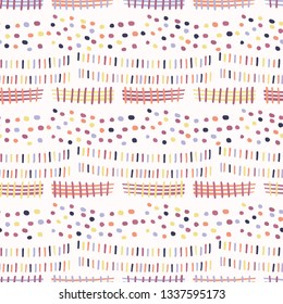 Abstract graphic doodle texture seamless pattern. Dots, stripes, sketchy vector illustration wallpaper. Repeatable tile graphic design. Hand drawn lines, swirls, ethnic tribal home decor background. 