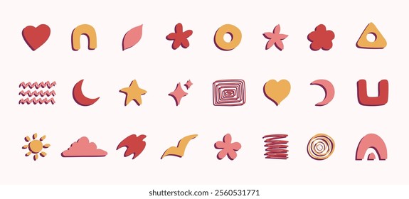 Abstract graphic doodles of symbols and shapes. Decorative stickers and design elements. Vector illustration.