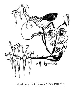 Abstract graphic drawing on a psychological theme. Caricature, comics. Psychedelic hand-drawn graphics.Human face. Self-hypnosis and self-realization. An illustration of the text or article.