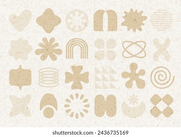 Abstract graphic element with craft rice paper texture. Icons and shapes in y2k style and old cardboard effect. Retro simple icon. Star, flower, geometric figure shapes. Vintage craft paper vector set